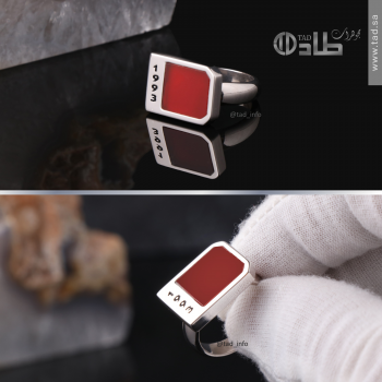 خاتم ملكي مضلع عقيق حفر جانبي فضة 925 من طاد
