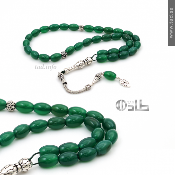 سبحة عقيق أخضر طبيعي 33 حبة قصة بيضاوي 8 مم مع إكسسوارات فضة 925 | طاد سبحة عقيق أخضر طبيعي 33 حبة قصة بيضاوي 8 مم مع إكسسوارات فضة 925 | طاد