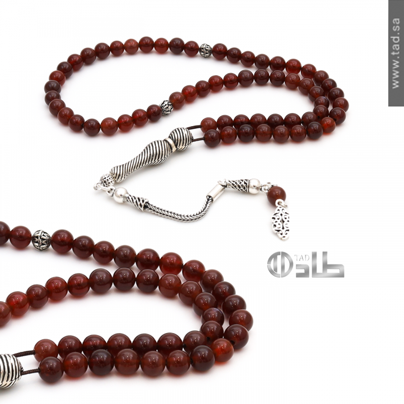 سبحة عقيق طبيعي حجم صغير 61 حبة 6 مم قصة دائرية مظهر راقٍ مع فضة 925 | طاد سبحة عقيق طبيعي حجم صغير 61 حبة 6 مم قصة دائرية مظهر راقٍ مع فضة 925 | طاد