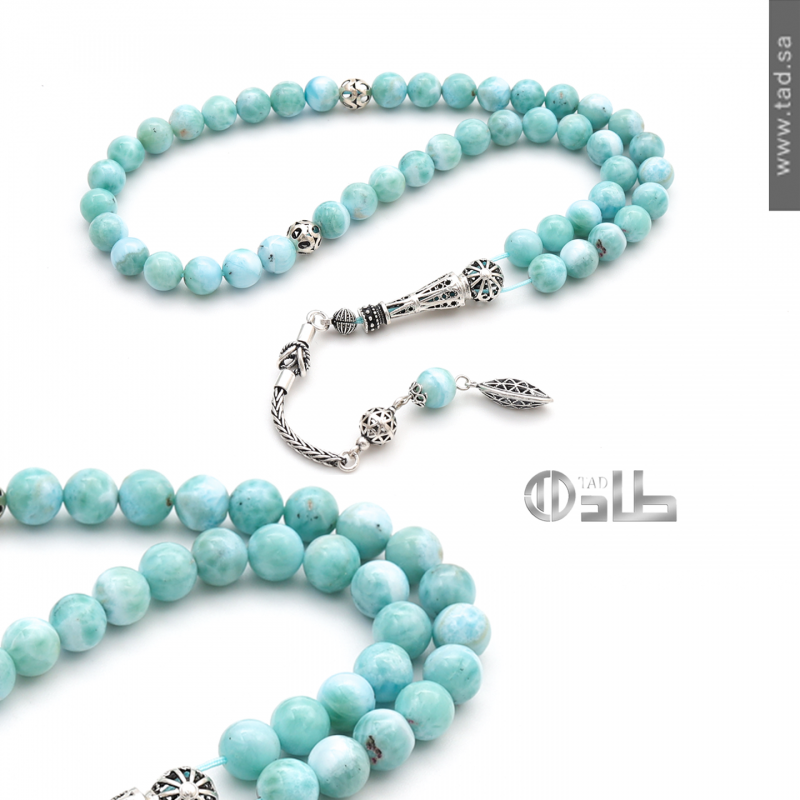 سبحة لاريمار نادر طبيعي 45 حبة فضة 925 دائرية 8 مم | طاد
