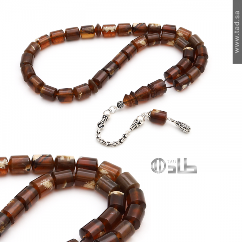 سبحة كهرمان سومطري مع إكسسوارات فضة 925 33 حبة قصة اسطواني 11×9 مم | طاد