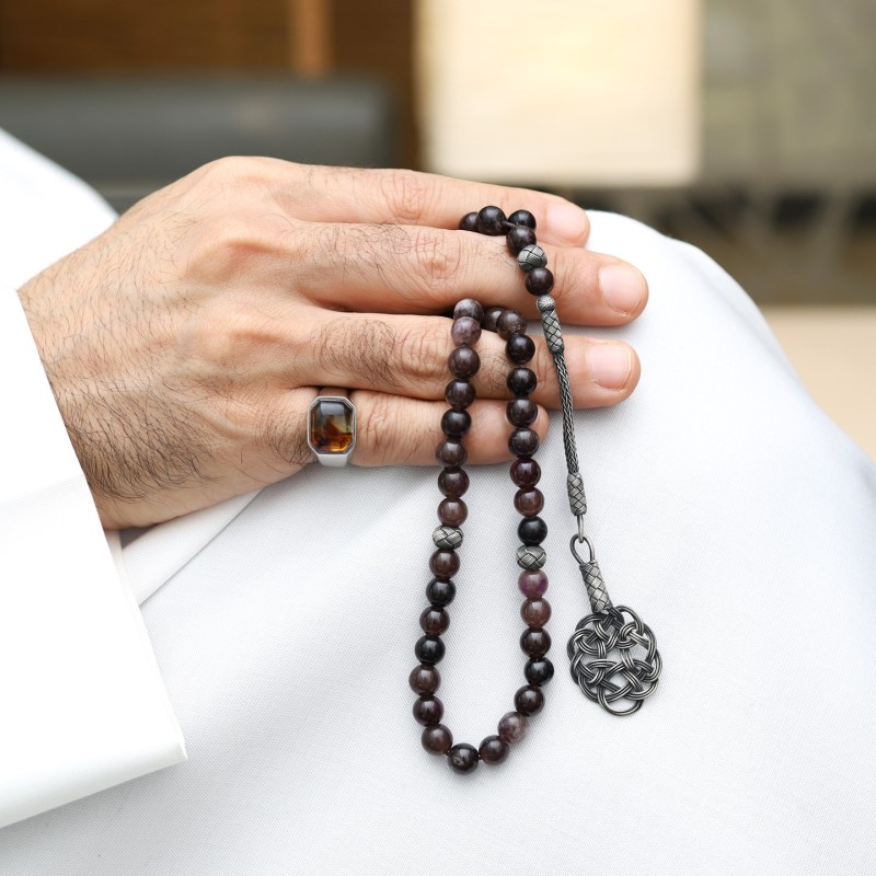 سبحة جاد طبيعي معالج اللون مع فضة طرابزون – 45 حبة حجم 8 ملم