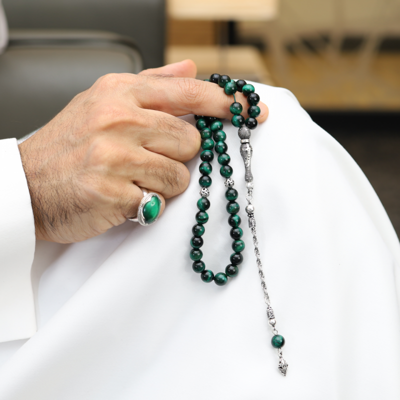 خاتم تفصيل عين النمر الأخضر مع سبحة عين النمر الأخضر عرض خاص فضة 925 | طاد خاتم تفصيل عين النمر الأخضر مع سبحة عين النمر الأخضر عرض خاص فضة 925 | طاد