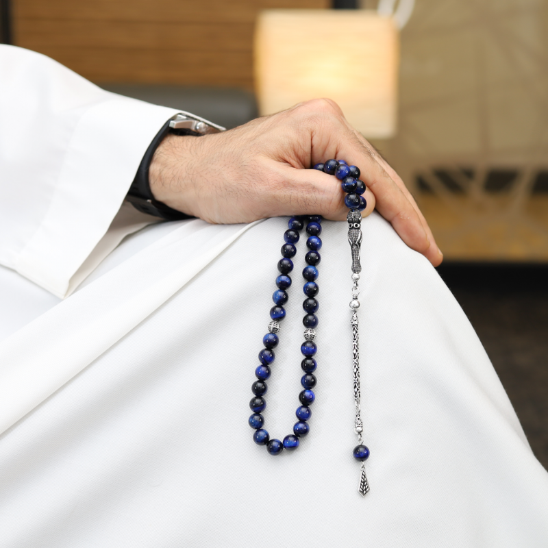 سبحة حجر عين النمر الأزرق الطبيعي معالج اللون فضة 925 45 حبة