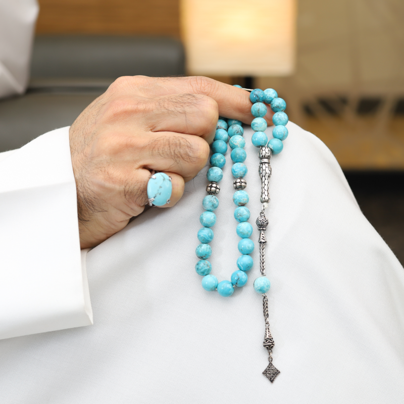 خاتم تفصيل فيروز مع سبحة أكوامارين عرض خاص فضة 925 | طاد خاتم تفصيل فيروز مع سبحة أكوامارين عرض خاص فضة 925 | طاد