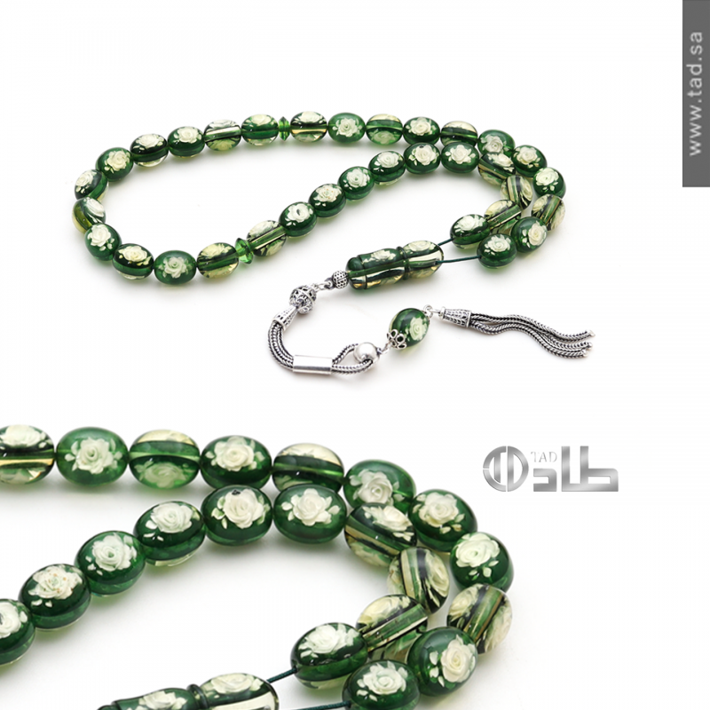سبحة كهرمان بلطيقي طبيعي نحت زهور 10.5×8.5 مم قصة بيضاوي مع إكسسوارات فضة 925 | طاد سبحة كهرمان بلطيقي طبيعي نحت زهور 10.5×8.5 مم قصة بيضاوي مع إكسسوارات فضة 925 | طاد